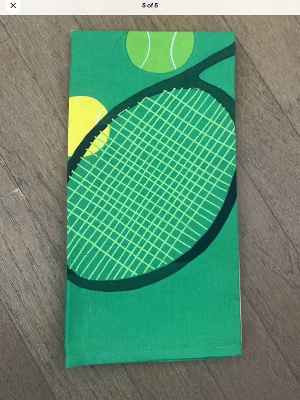 Anthropologie Green & Peach Tennis/PicklebalRacket Print Towel causing a racket. - Picture 2 of 6